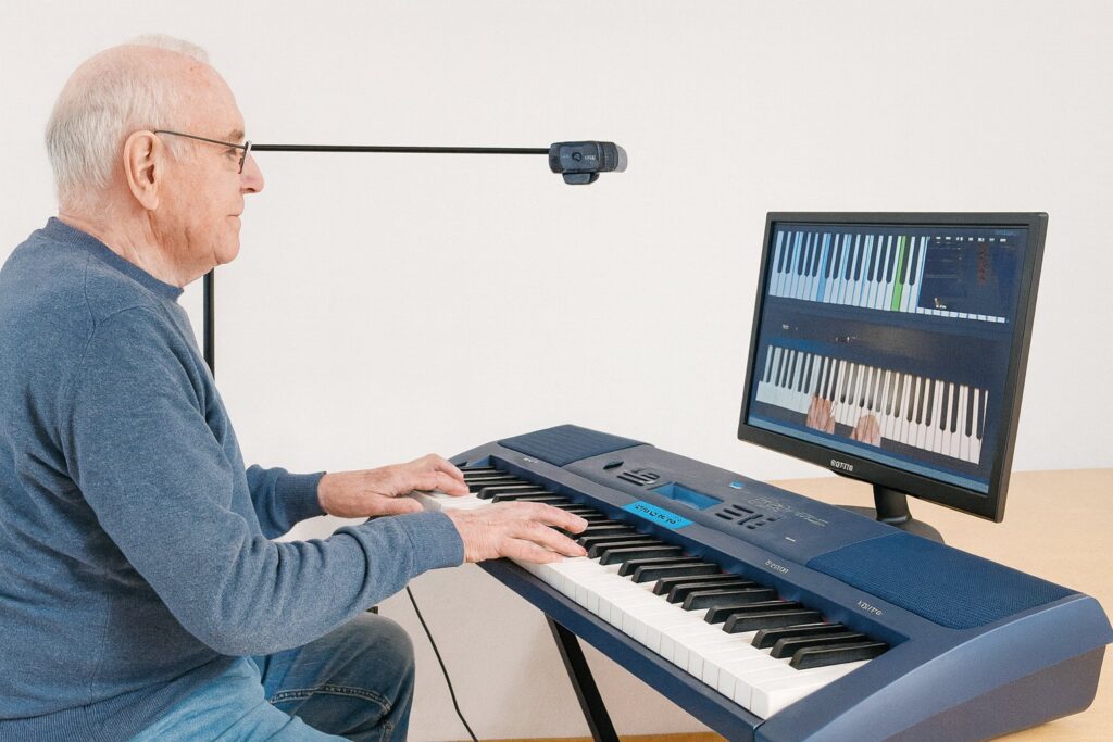 „Älterer Mann sitzt am Keyboard und nimmt an einem Online-Unterricht teil. Auf dem Computerbildschirm ist eine virtuelle Klaviatur mit farbig markierten Tasten zu sehen, die die gespielten Noten anzeigen. Eine Webcam auf einem Ständer filmt seine Hände auf der Tastatur.“